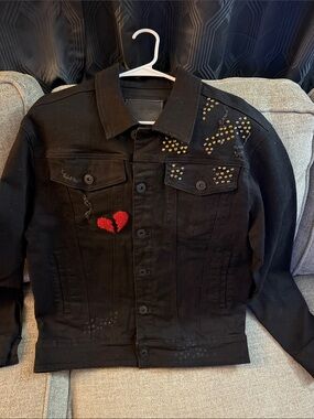 Black Stud-Embellished Denim Jacket with Red Heart Accent